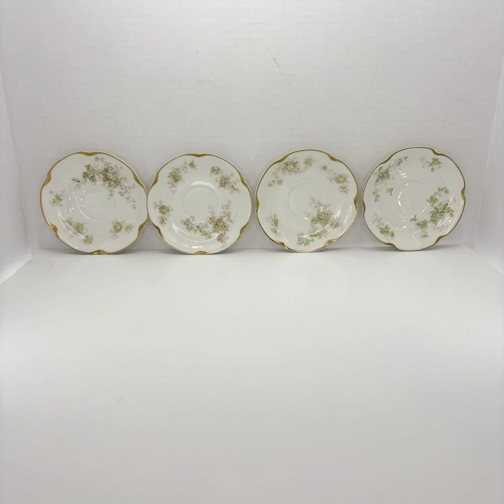 Set of 4 Vintage Haviland & Co Limoges Schleiger Gold‎ Trim Floral Saucers 5.25